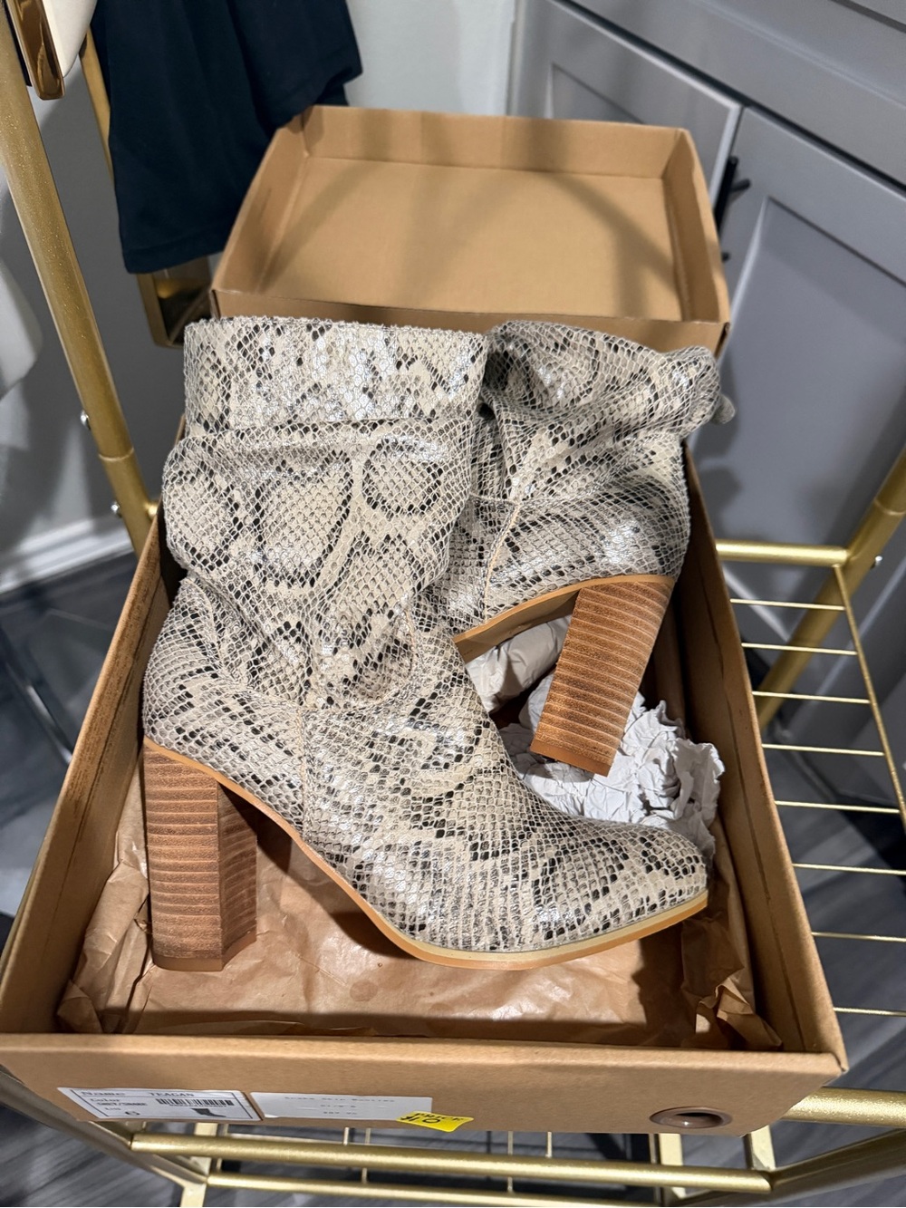 Slouchy Snake-Print Block Heel Ankle Boot - Cream